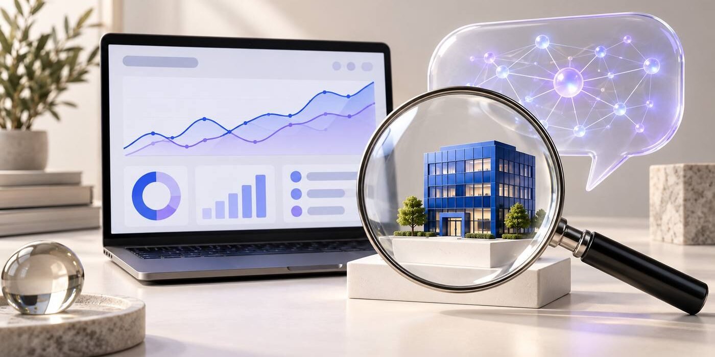 Gestor analisando o relatório de IA generativa do Search Console em um painel de marketing