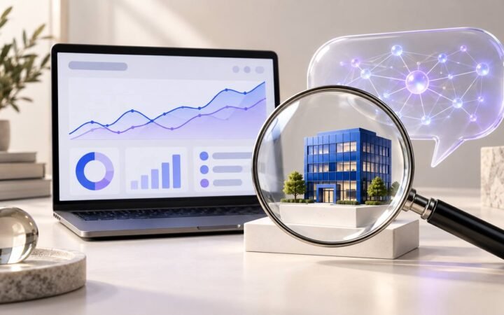 Gestor analisando o relatório de IA generativa do Search Console em um painel de marketing